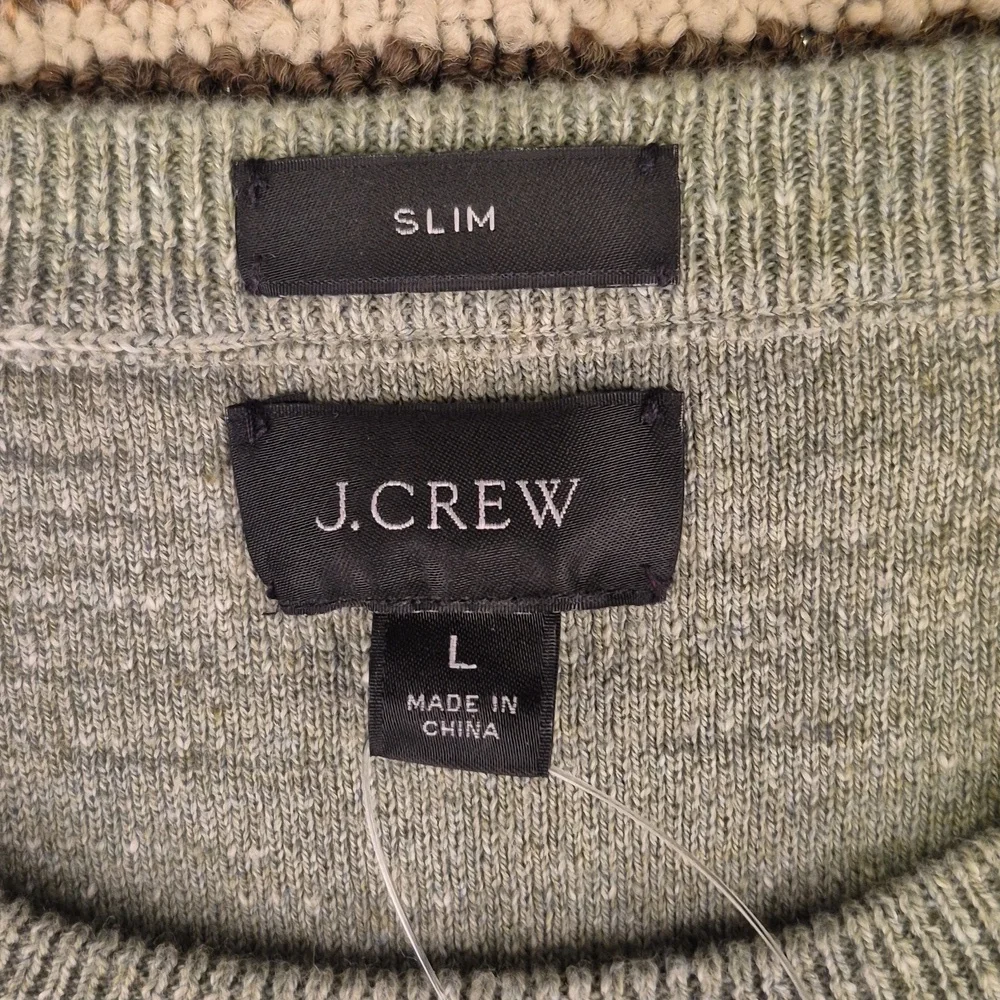 J‎ CREW Green Weave Cotton Knit Mens Large Slim Crewneck Sweater C8445 NEW